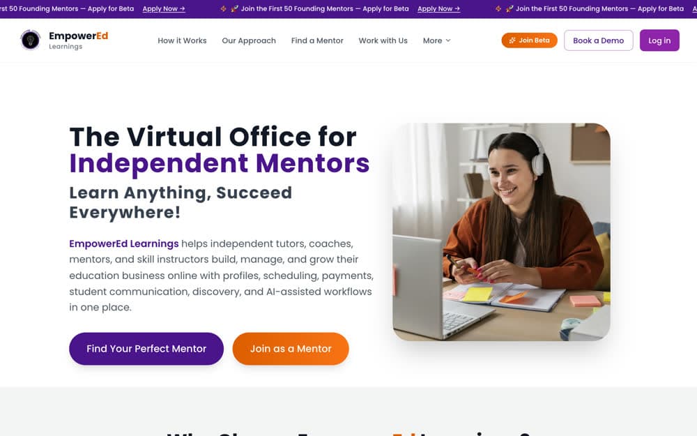 EmpowerEd Learnings homepage: “The Virtual Office for Independent Mentors”